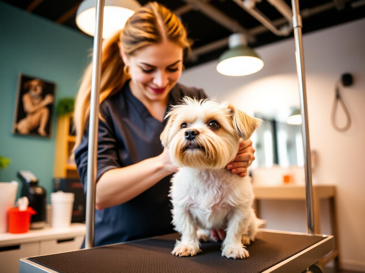 Toelettatrice professionale con un piccolo cane in salone